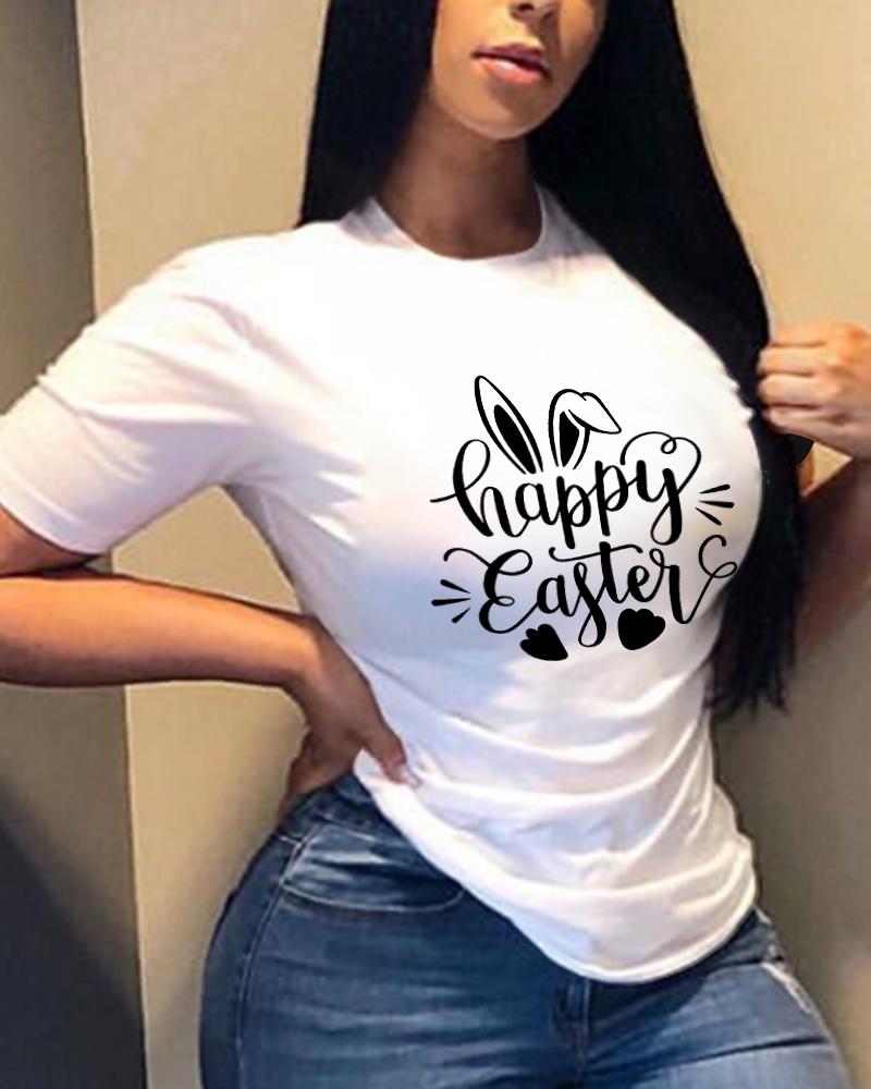 

Happy Easter Bunny Print T-shirt Holiday Graphic Tee, White