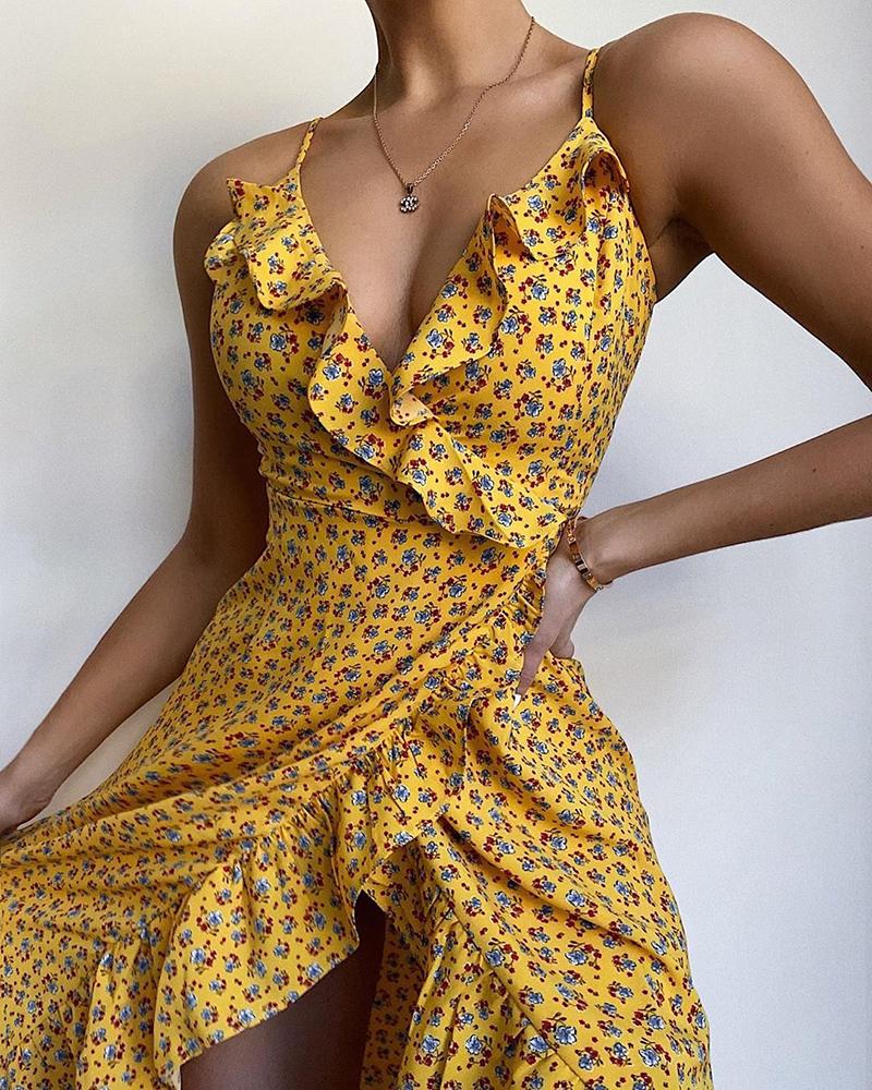 

Spaghetti Strap Floral Print Ruffles Irregular Dress, Yellow