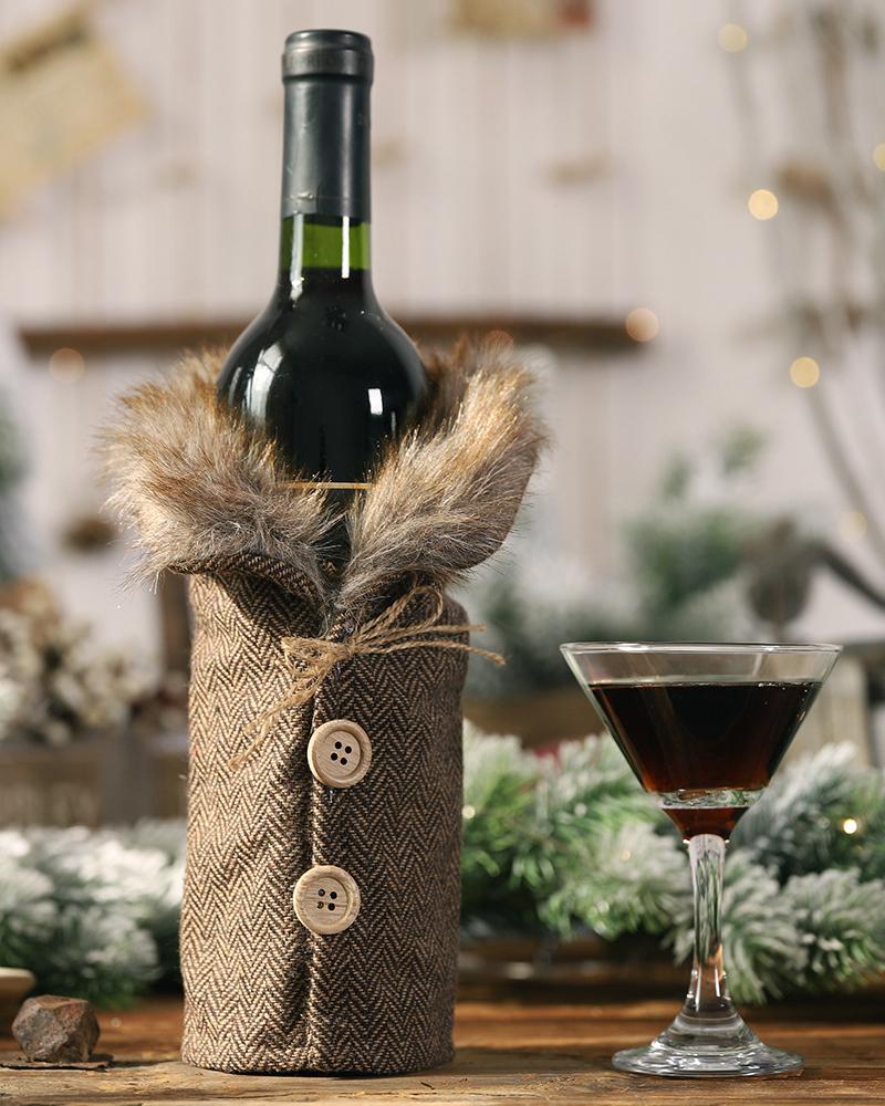 

1pc Christmas Buttoned Feather Detail Wine Bottle Cover Gift Home Decoration, Coffee