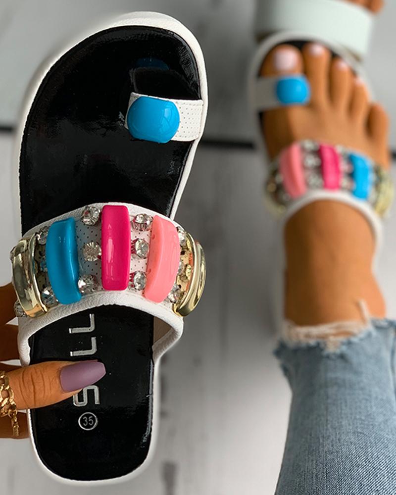 

Toe Ring Colorblock Rhinestone Slippers, White