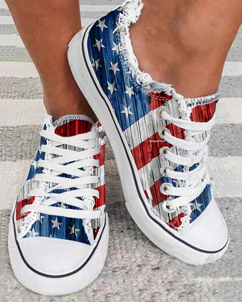 

Independence Day Flag Frayed Lace-up Canvas Sneakers, Blue&red