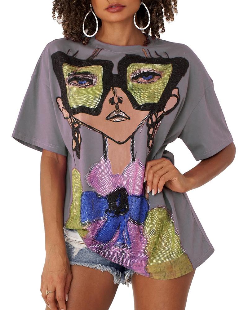 

Cartoon Figure Half Sleeve Casual T-shirt, Gray
