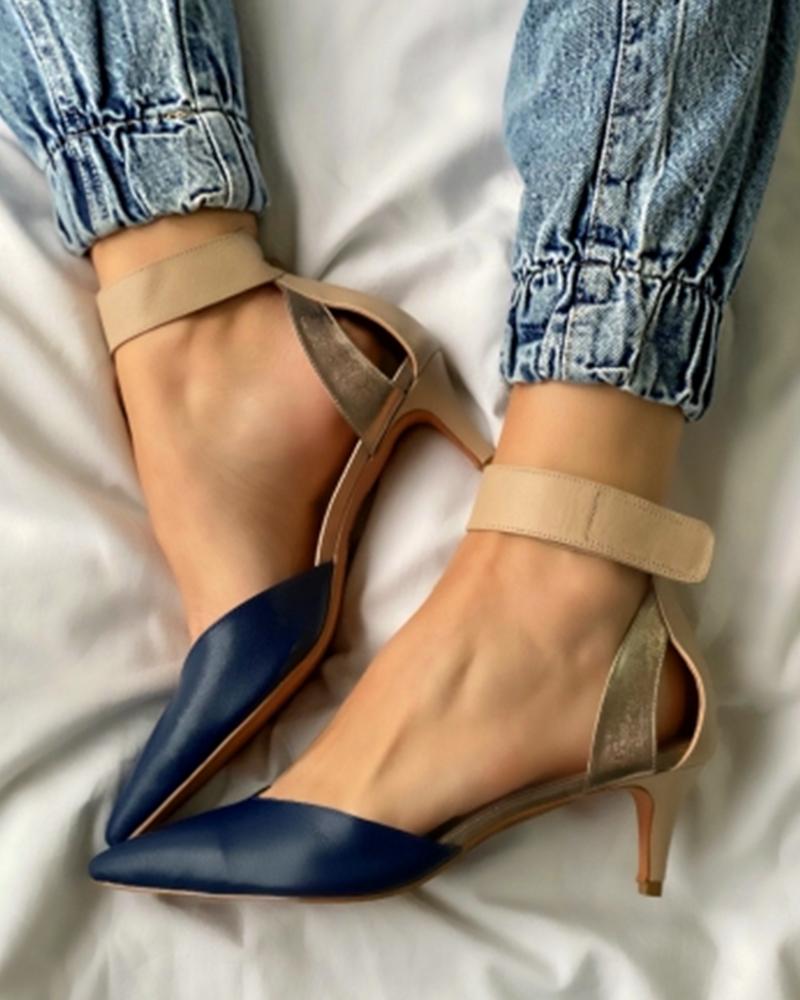 

Pointed-toe Color Block PU Leather Shallow Mouth High Heels, Blue