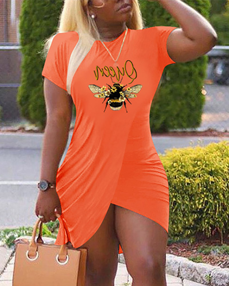 

Bee Letter Print Short Sleeve Wrap Dress, Orange