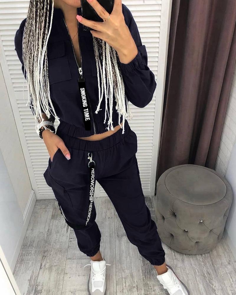 

Pockets Zipper Design Ruched Coat & Cargo Pants Set, Black