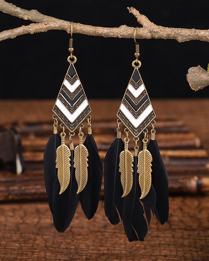 

1Pair Feather Decor Dream Catcher Shaped Drop Earrings, Black