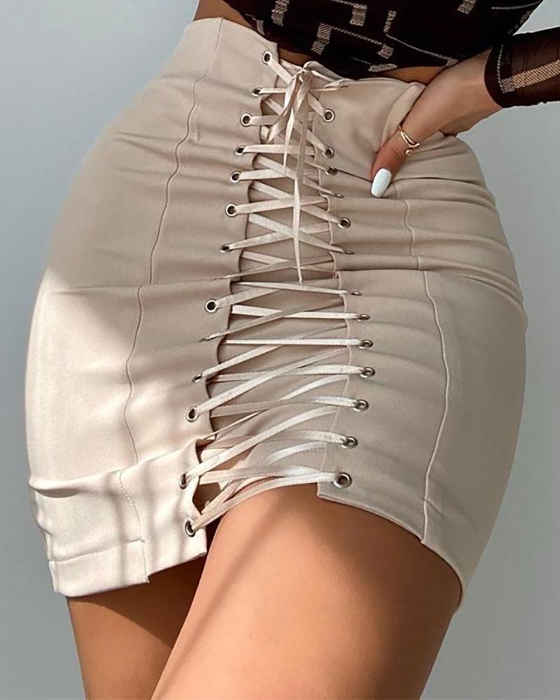 

Eyelet Lace Up Zipper Design Skirt, Apricot