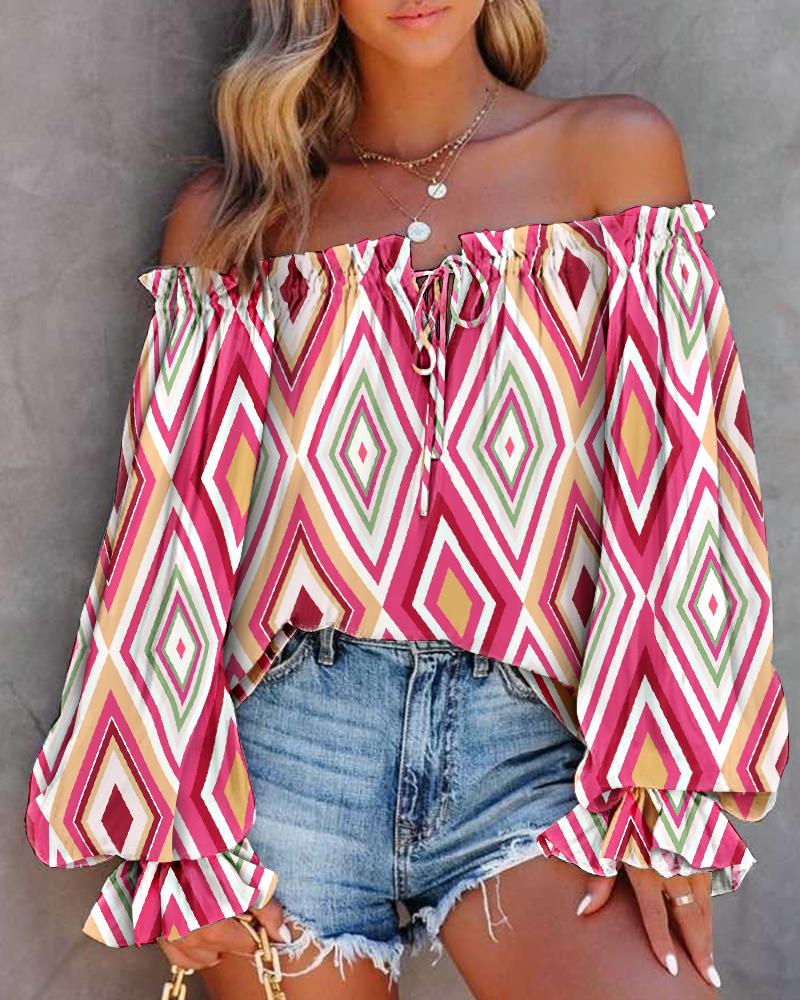 

Argyle Print Off Shoulder Lantern Sleeve Top, Multicolor