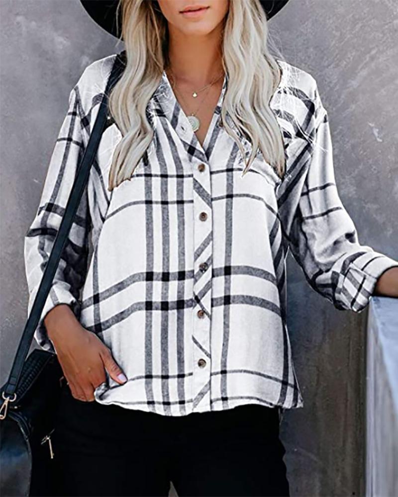 

Striped Print Button Front V-Neck Shirt, White