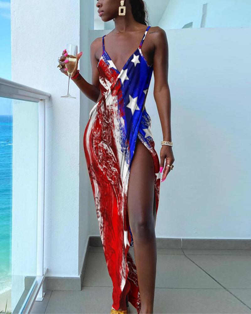 

Flag Print High Slit Spaghetti Strap Maxi Dress, Multicolor