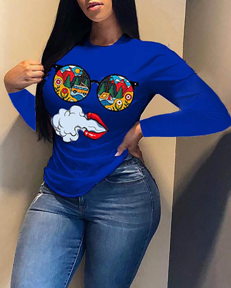 

Graphic Lip Print Long Sleeve Casual Top, Blue