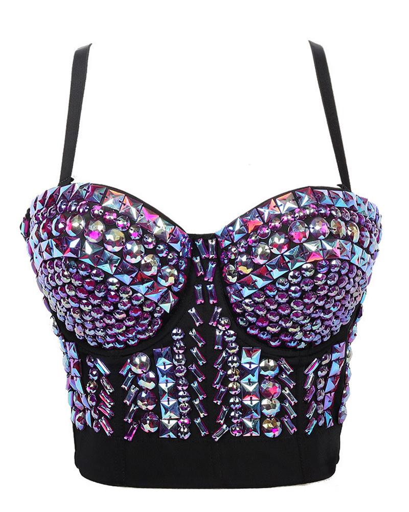 

Geometric Sequin Removable Strap Crop Corset Top, Multicolor