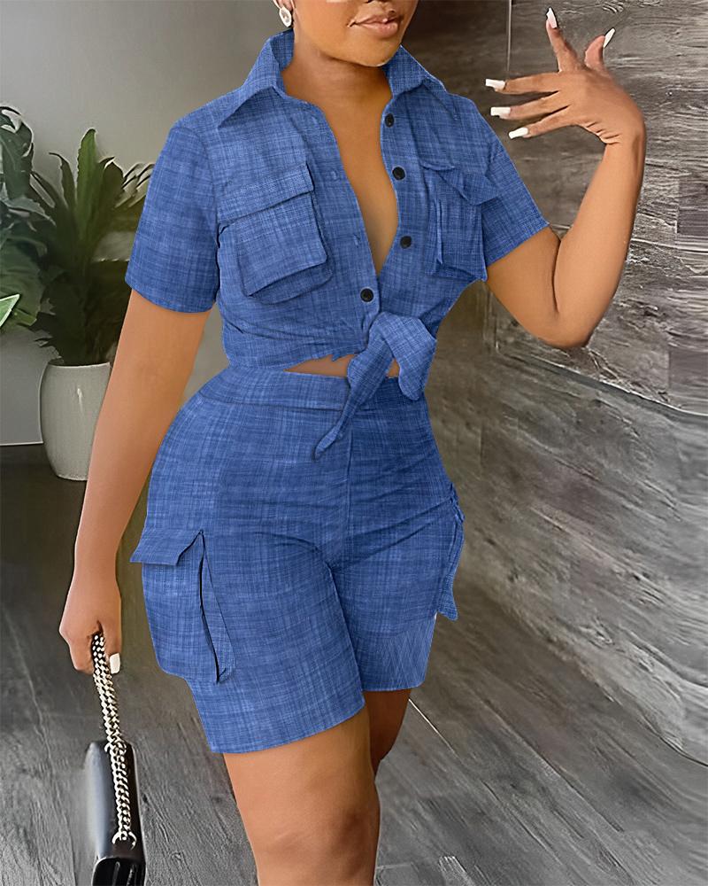 

Pocket Design Buttoned Crop Top & High Waist Shorts Set, Blue