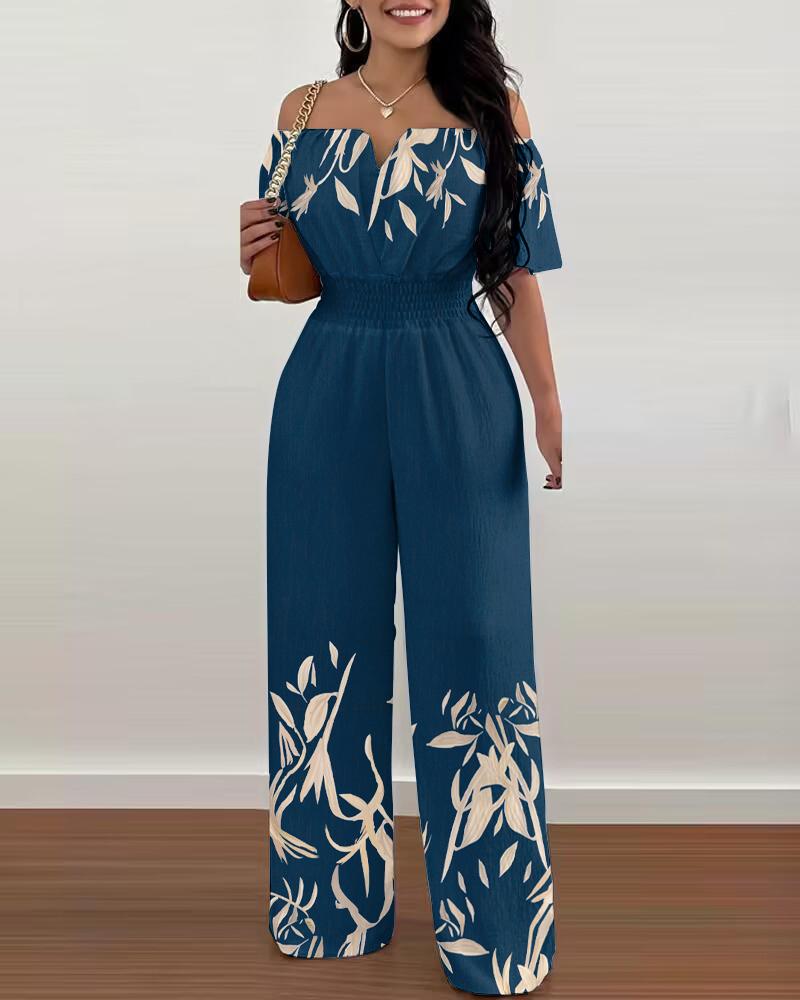 

Plants Print Off Shoulder Shirred Waist Jumpsuit, Blue