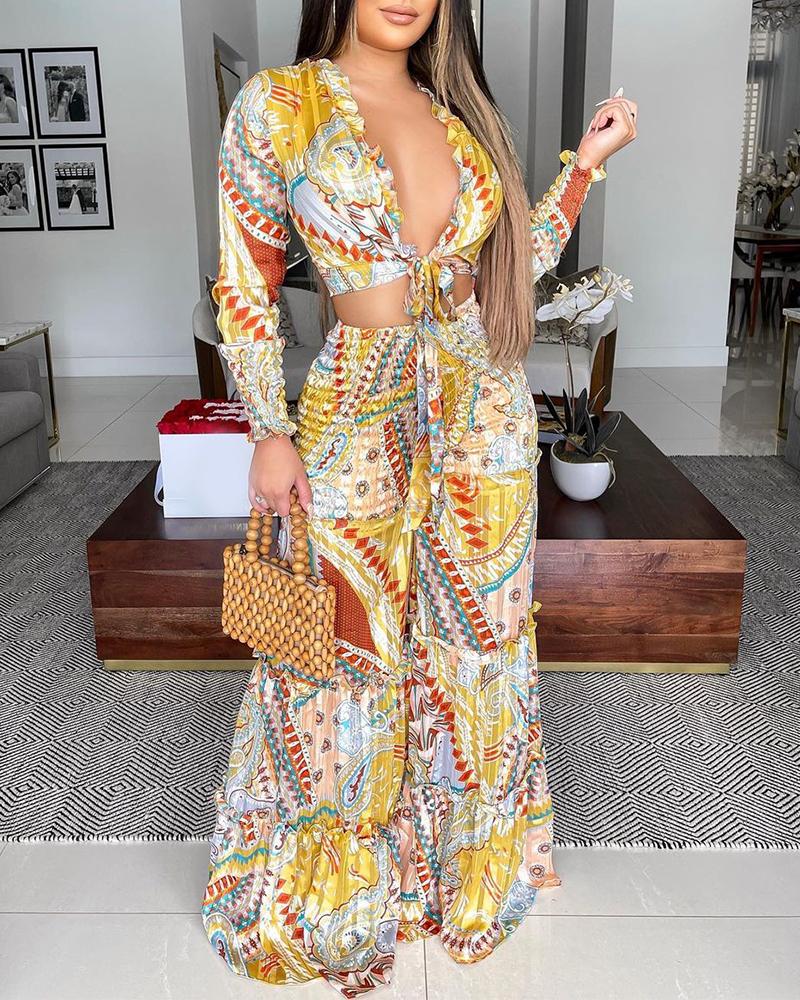 

Scarf Print Frill Hem Crop Top & Wide Leg Pants Set, Yellow