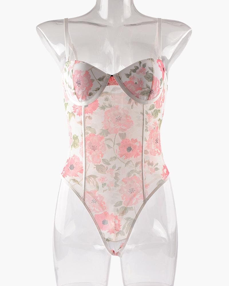 

Sleeveless Flower Embroidery Mesh Lace-up Skinny Bodysuit, Pink
