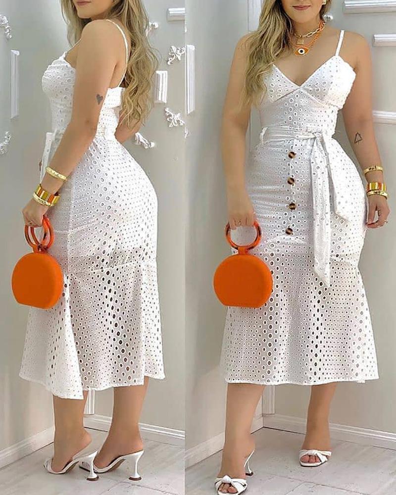 

Hollow-out Button Design Spaghetti Strap Dress With Belt & Lining, White