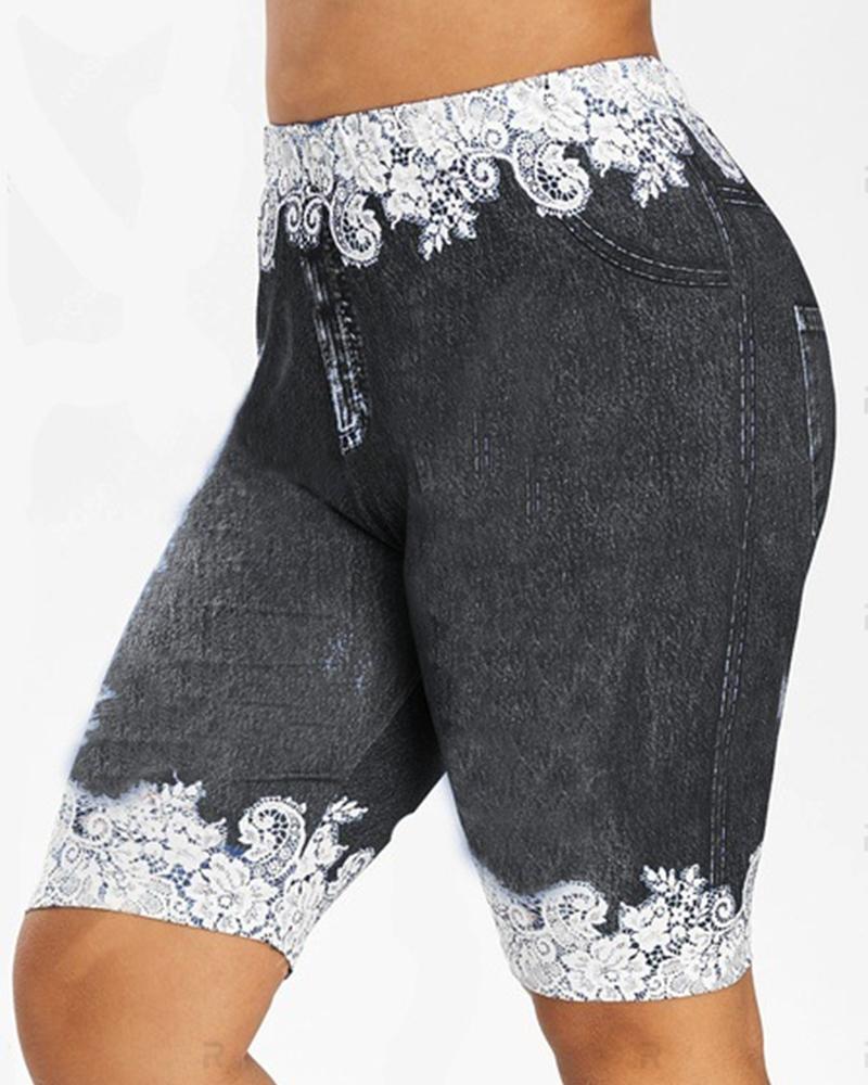 

Women' Faux Denim Printed Solid Color Splicing Lace Sport Active Shorts, Gray
