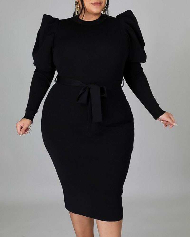 

Plus Size Gigot Sleeve Belted Work Dress, Black