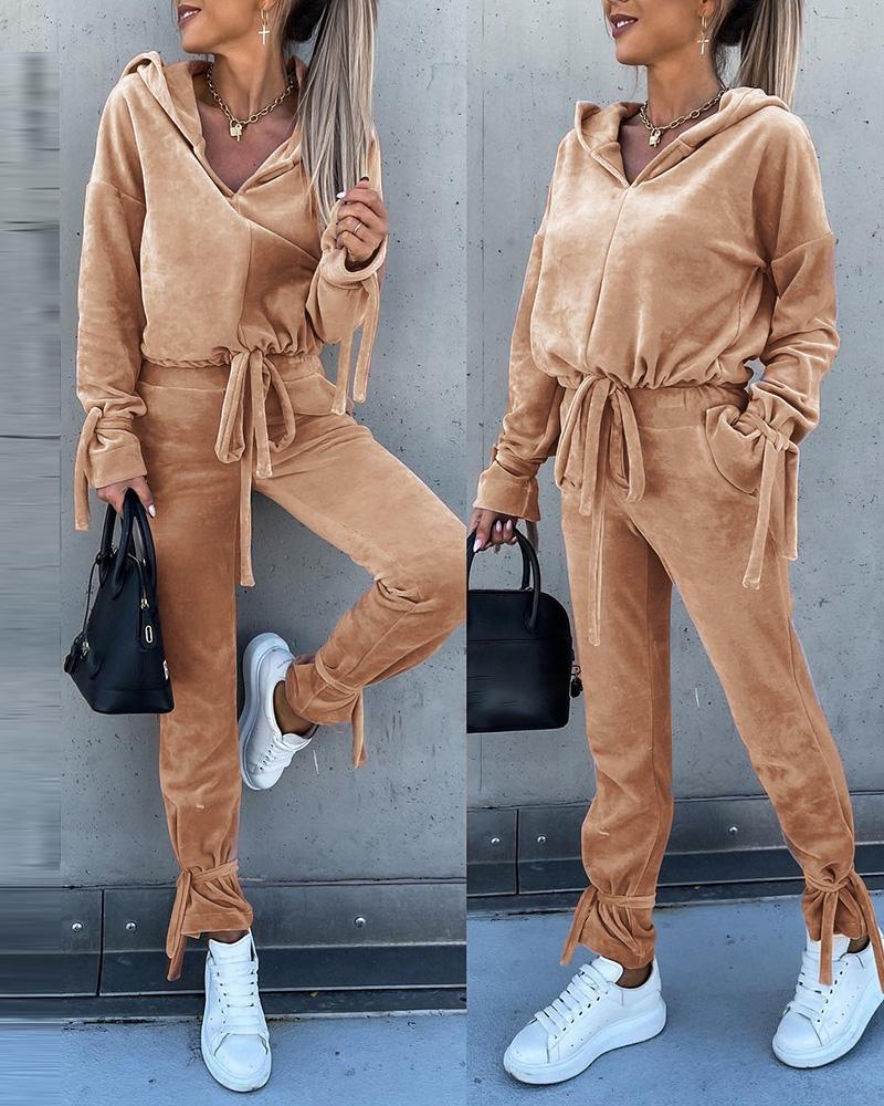 

Velvet Tied Detail Hooded Top & Pocket Design Pants Set, Apricot