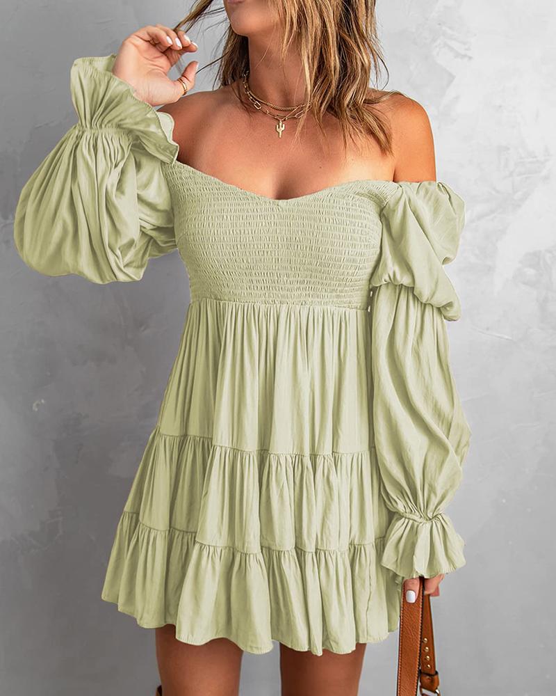 

Puff Lantern Sleeve Shirred Ruched Dress, Light green