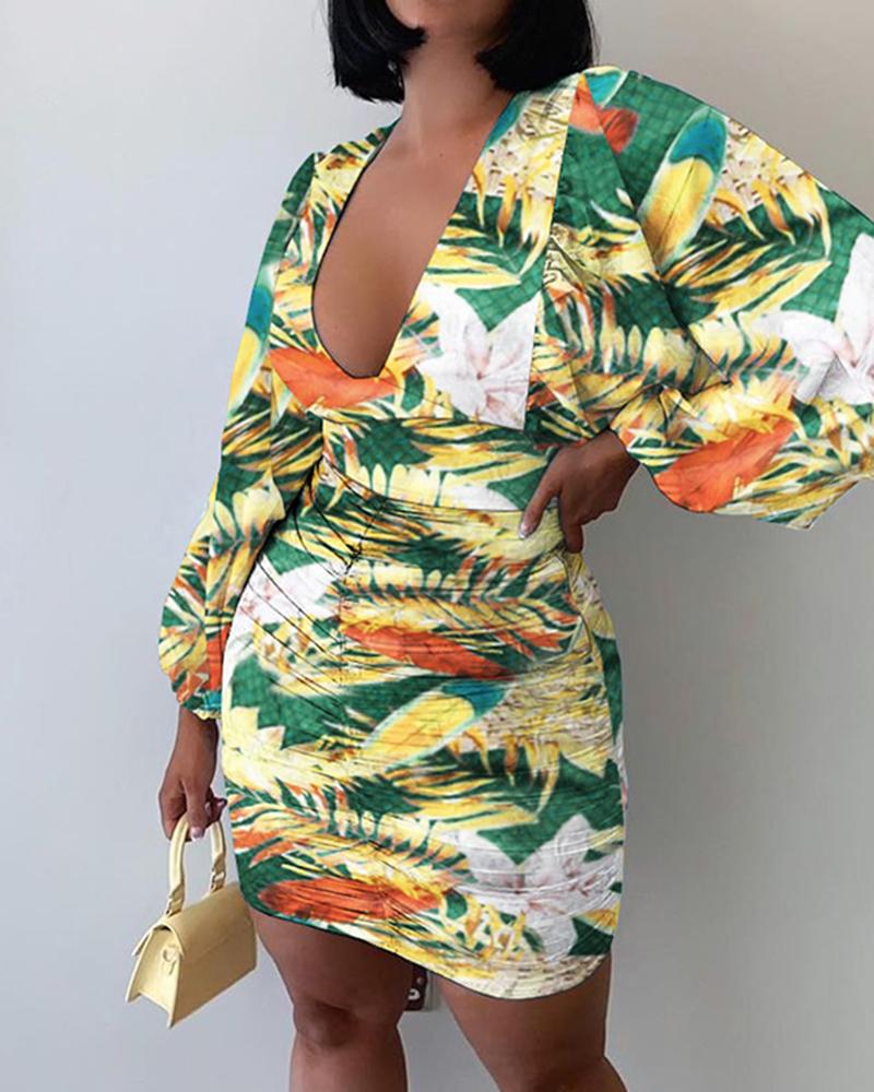 

Tropical Print Lantern Sleeve Ruched Dress, Multicolor