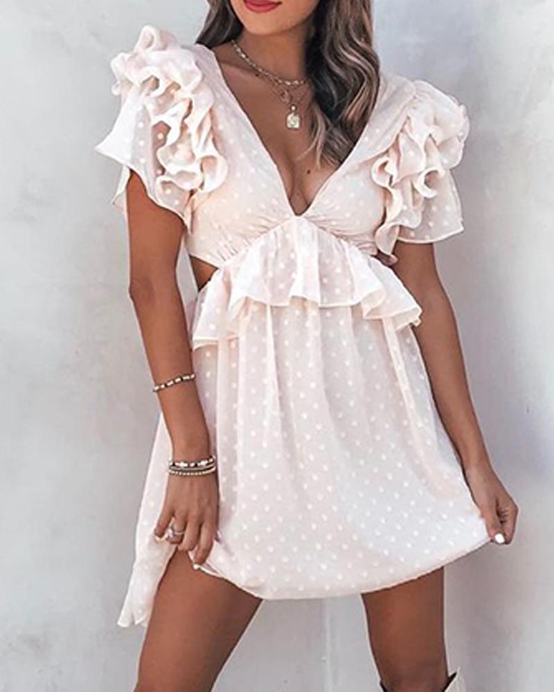 

Polka Dot Print Lace-up Cut-out Short Sleeve Mini Dress, Apricot