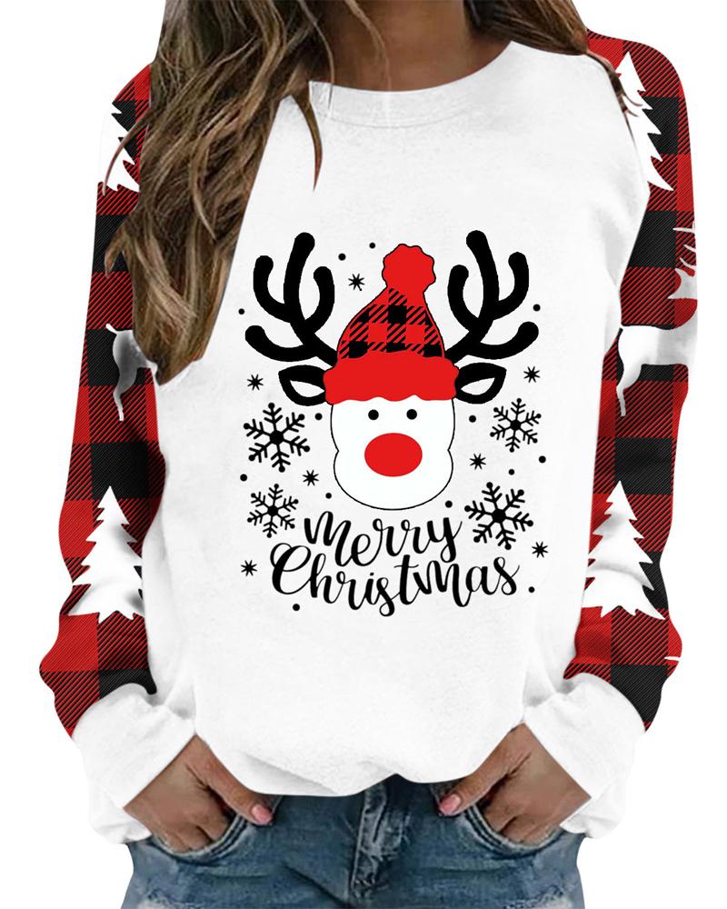 

Christmas Tree Elk Plaid Print Casual Top, White