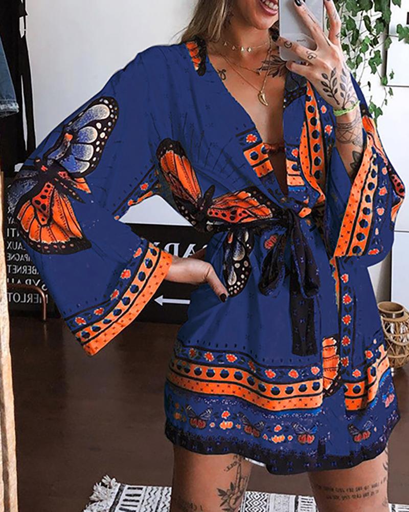 

Butterfly Print Tied Detail Bell Sleeve Dress, Blue