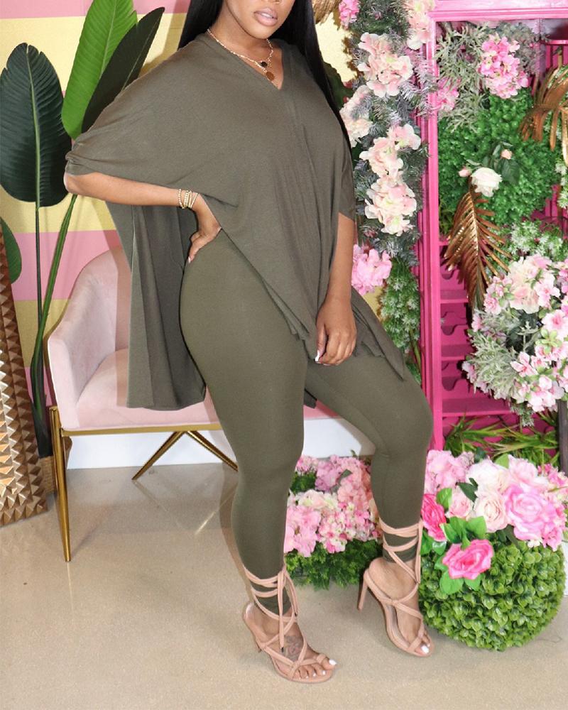 

Brief Solid V-neck T-shirt Leggings Set, Army green