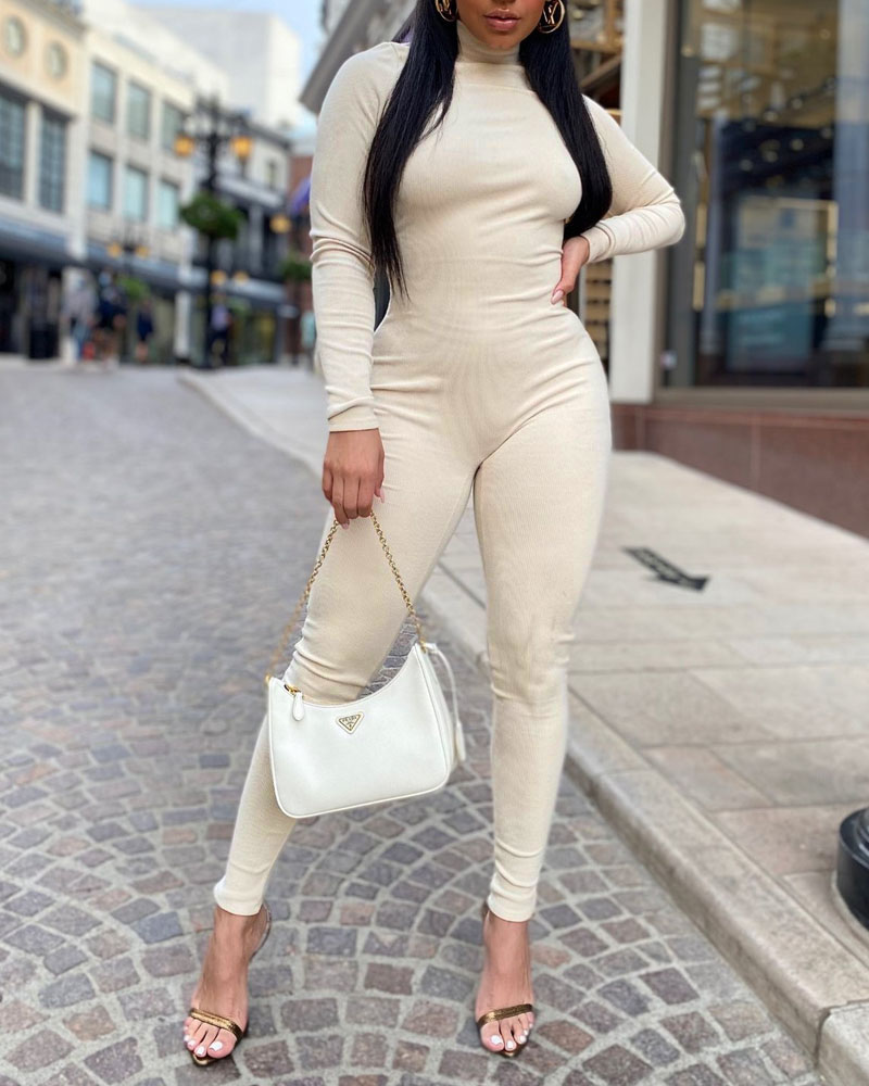 

Backless Long Sleeve Skinny Jumpsuit, Beige