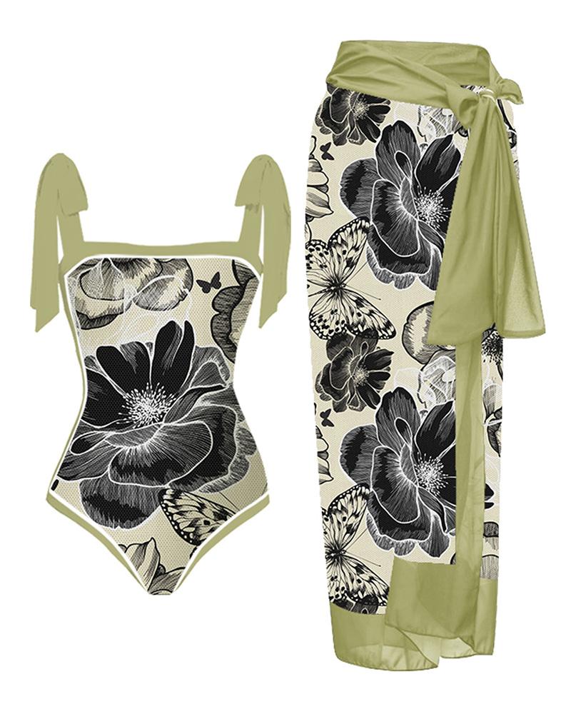

Floral Butterfly Print Tied Detail One Piece Swimsuit With Cover Up Skirt, Light green