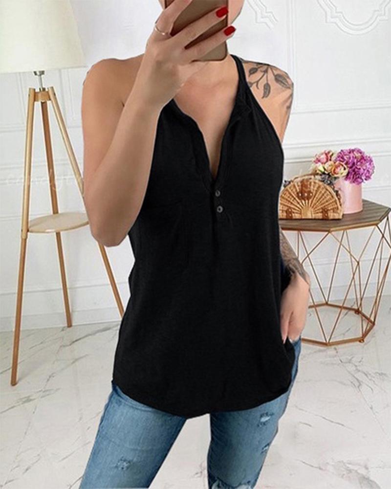 

Button Front Patch Pocket Halter Tank Top, Black