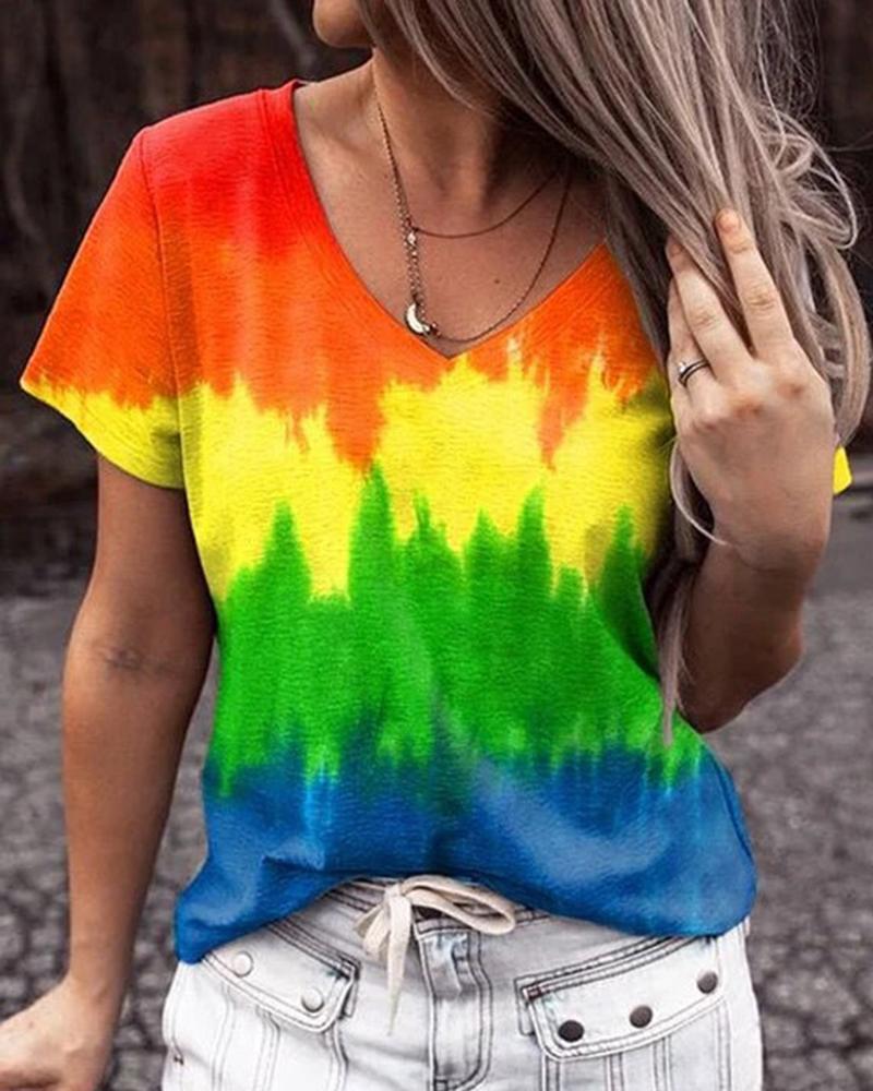 

Tie Dye Print V-Neck Casual T-shirt, Multicolor