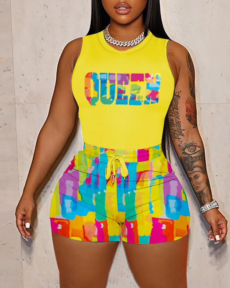 

Letter Print Tank Top & Colorblock Drawstring Shorts Set, Yellow