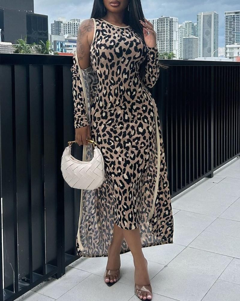 

Ensemble convertible 2 pièces imprimé léopard cardigan long sans manches col rond fente dans le dos robe moulante ensemble décontracté, Leopard