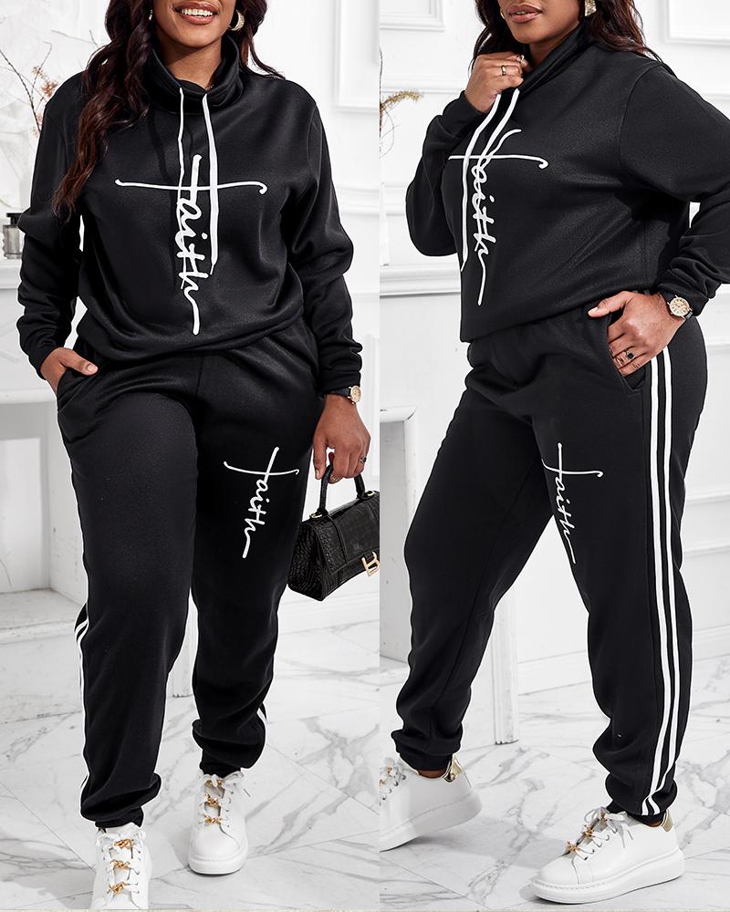 

Plus Size Letter Print Long Sleeve Hoodie & Pants Set, Black