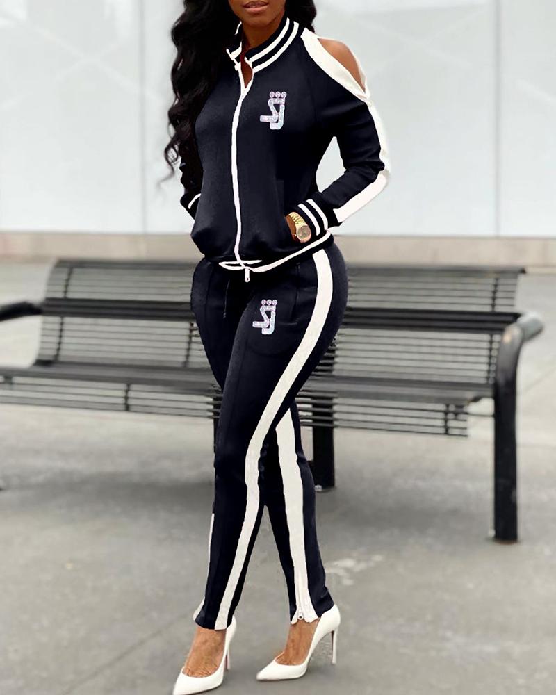

Cold Shoulder Side Stripe Top & Pant Sets, Black