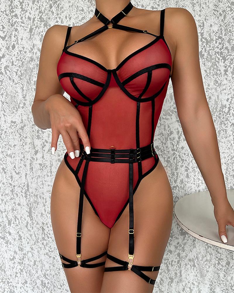 

Contrast Binding Sheer Mesh Teddy With Garter Belt, Red