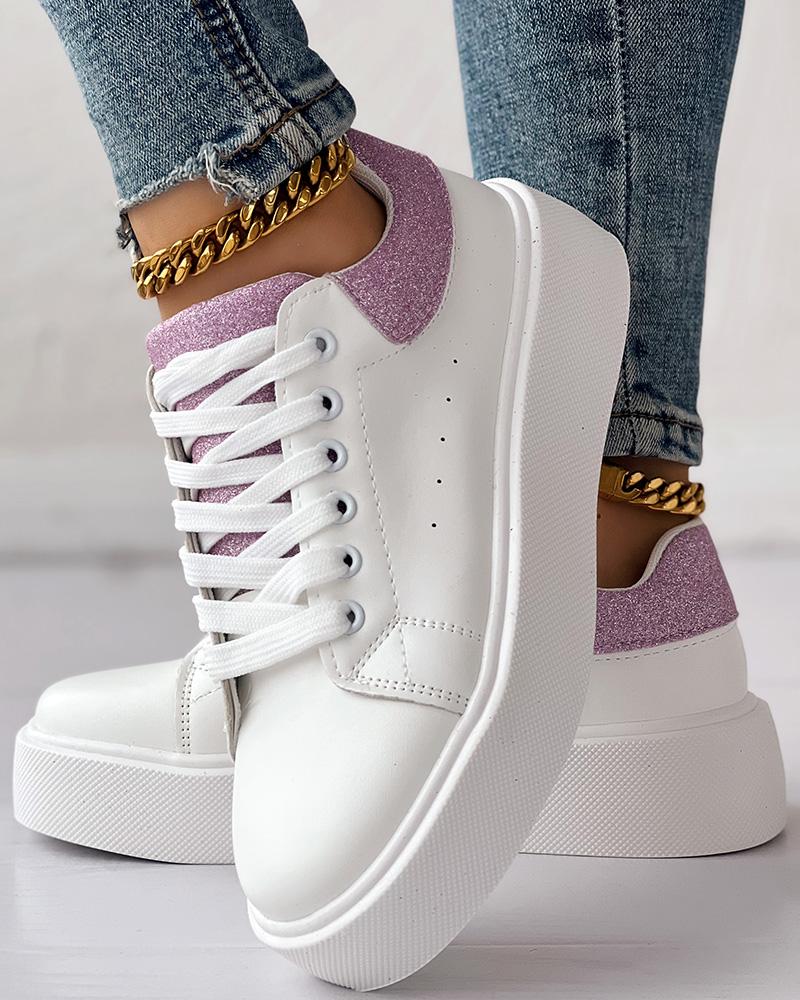 

Glitter Colorblock Lace-up Round Toe Sneakers, White&purple