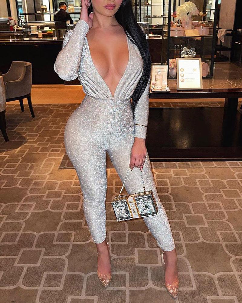 

Long Sleeve Plunging Neck Glitter Jumpsuit, Silver