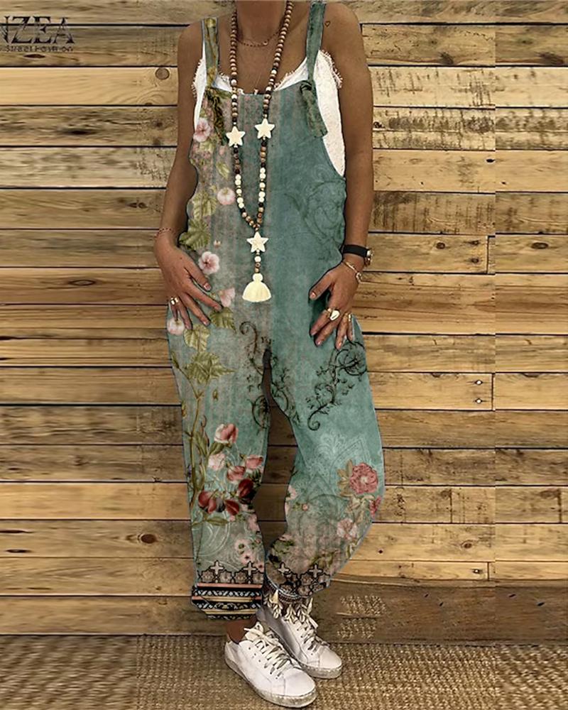 

Floral Tribal Print Suspender Jumpsuit, Green