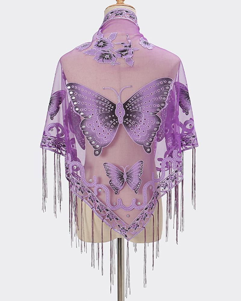 

Triangle Scarf Butterfly Flower Embroidery Lace Tassel Shawl Elegant Breathable Windproof Wrap Outdoor Accessories, Purple