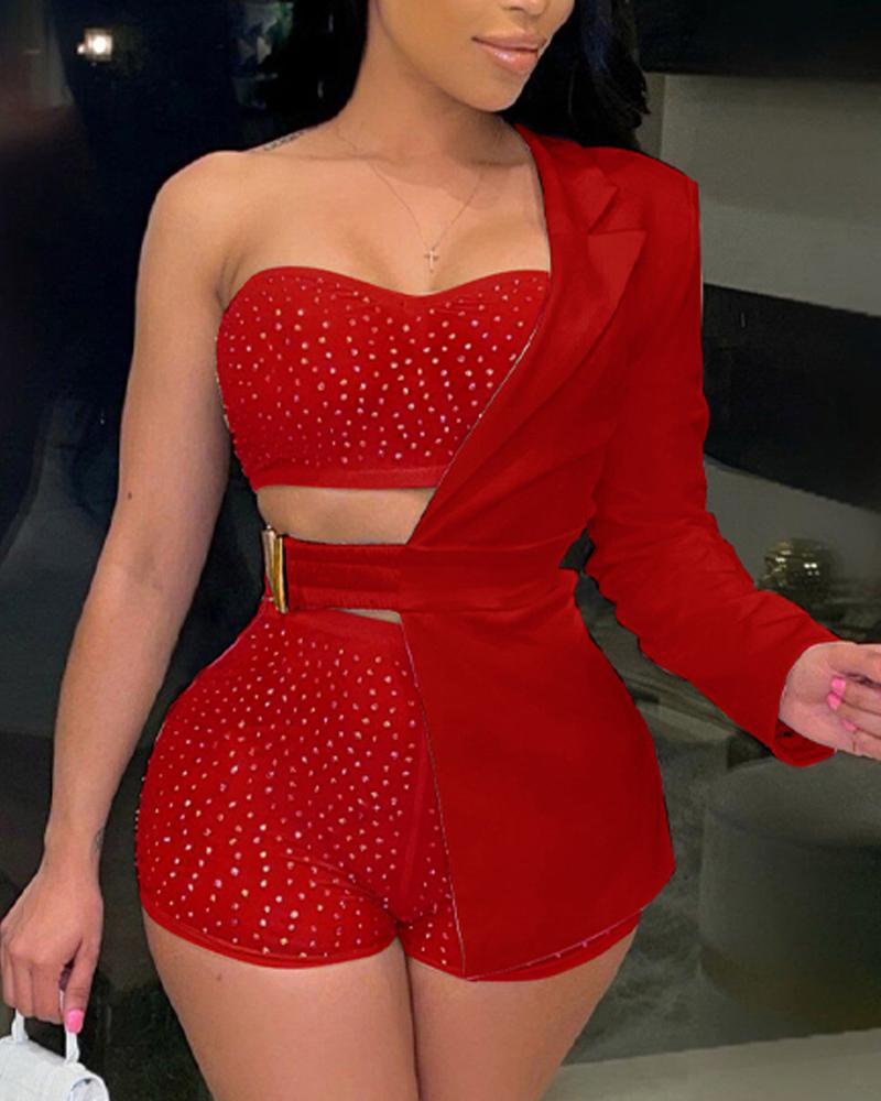 

3PCS Rhinestone Decor Crop Tube Top & Shorts Set With Blazer, Red