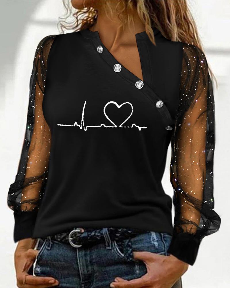 

Heart Print Glitter Sheer Mesh Long Sleeve Top, Black