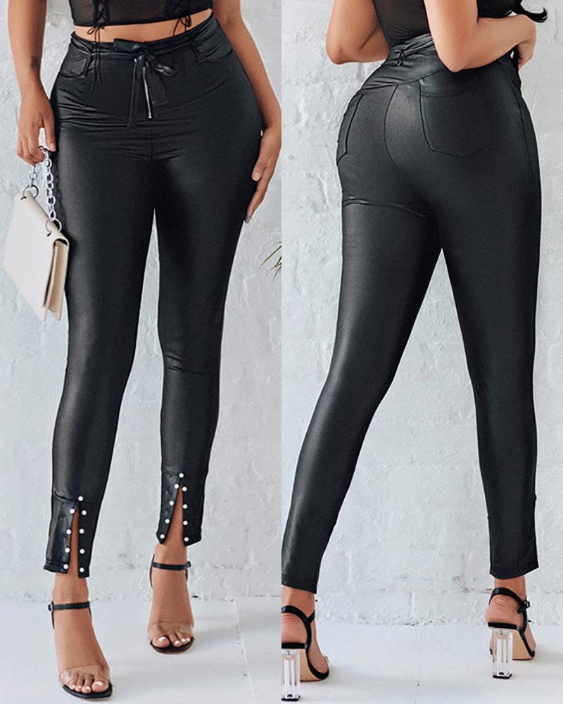 

PU Leather Solid Color High Waist Lace-up Beaded Skinny Pants, Black
