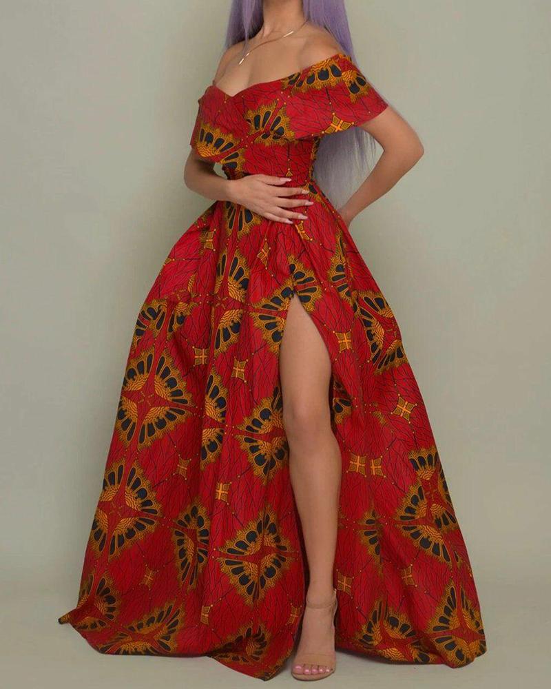 

Printing Short Sleeve Long Slit Dress, Red