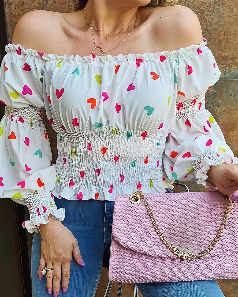 

Heart Print Off Shoulder Frill Hem Lantern Sleeve Top, White