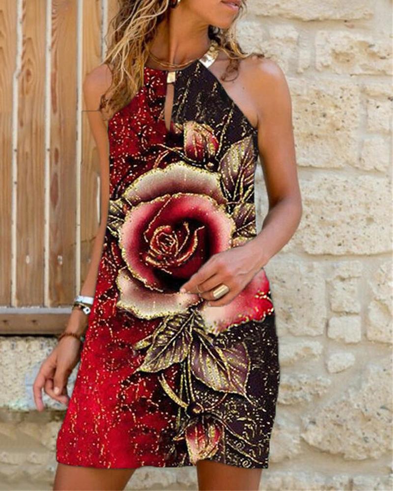 

Spaghetti Strap Cutout Floral Print Dress, Black