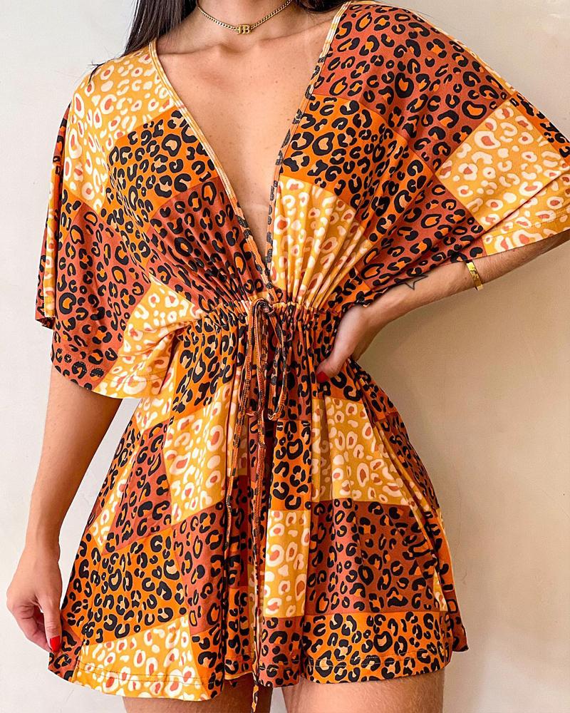 

Colorblock Leopard Print Drawstring Romper